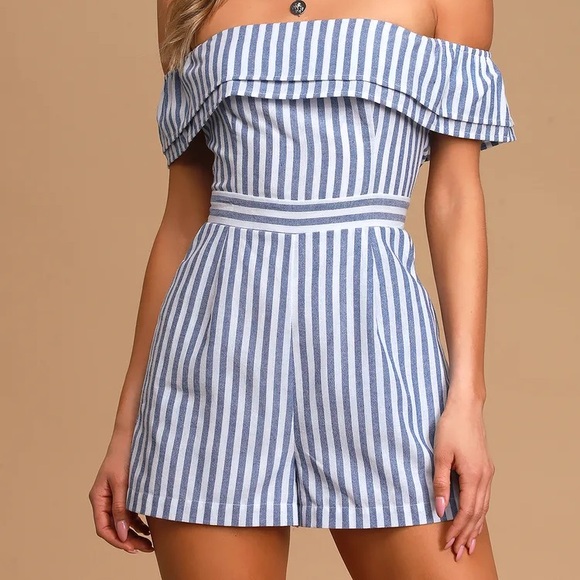 Lulu’s Blue Striped Off-the-Shoulder Romper - Picture 2 of 12